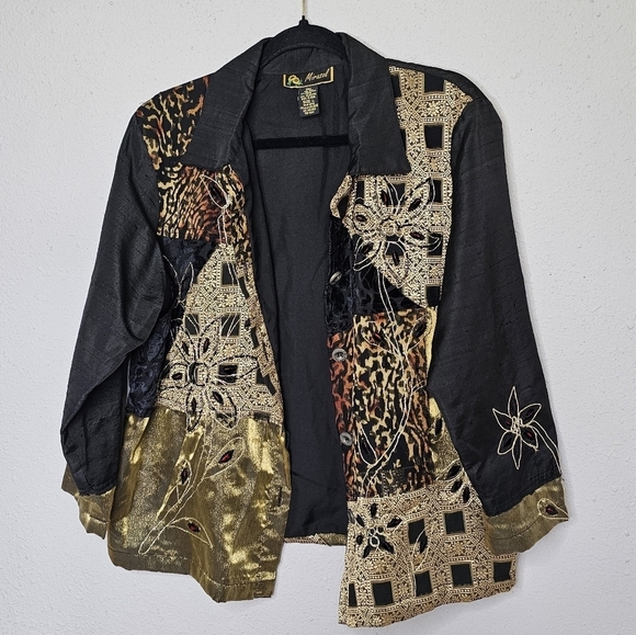 Mirasol Vintage Silk Blend Black Gold Embellished Jacket Women‎ Size L Large - Picture 1 of 15